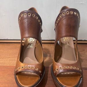 Salvatore Ferragamo Brown Leather Sandals with Gold Eyelets
